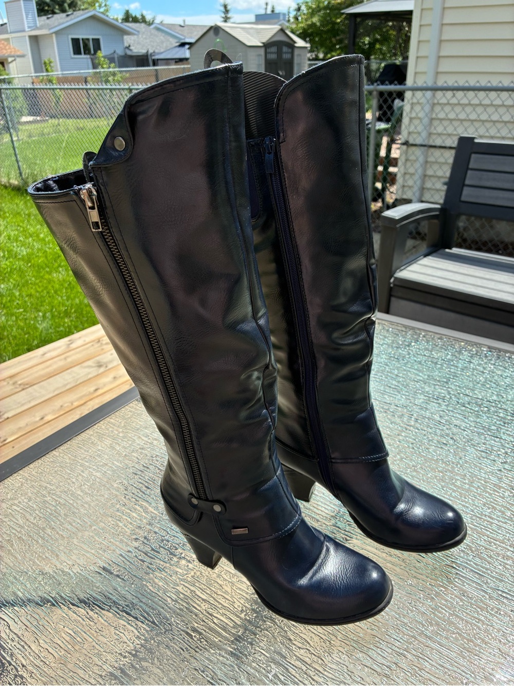 Donna Vangelo Women's Navy Faux Leather Knee-High Heeled Boots